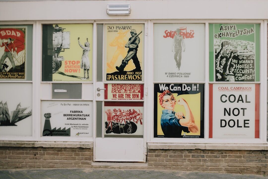 Wall covered with vintage advertising posters
